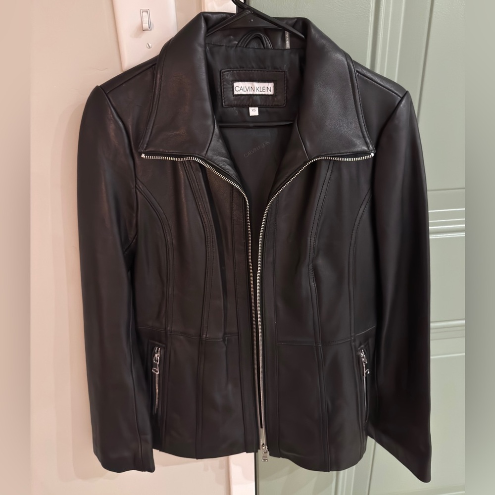 Calvin Klein Women's Sleek Convertible Collar Black Leather Jacket